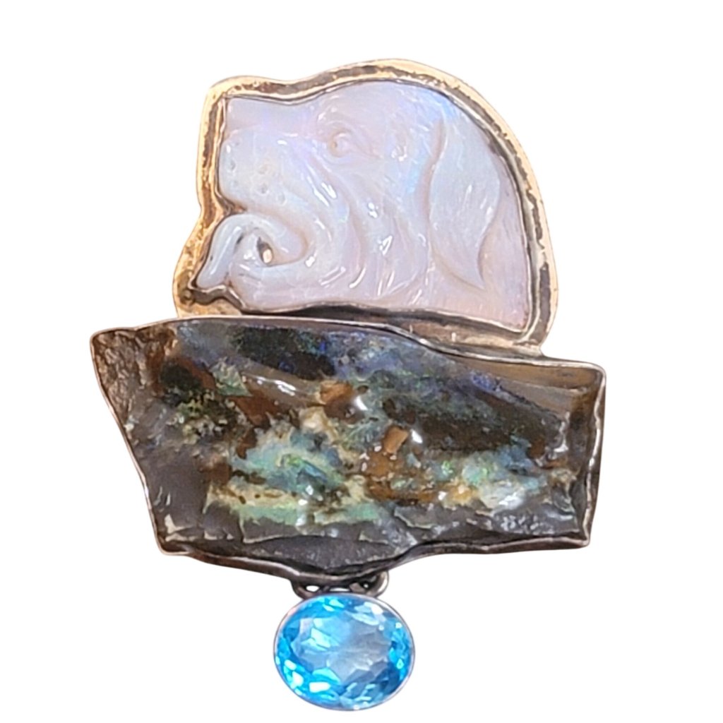 Amy Kahn Russell Opal Labradorite Topaz Dog Brooch Gemstone Pendant Sterling